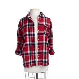 Red Plaid Button-Up Sheer shirt sz L Poetry